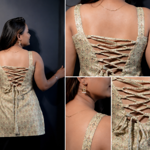 Women's Beige Printed Sleeveless Lace-Up Back Kurti